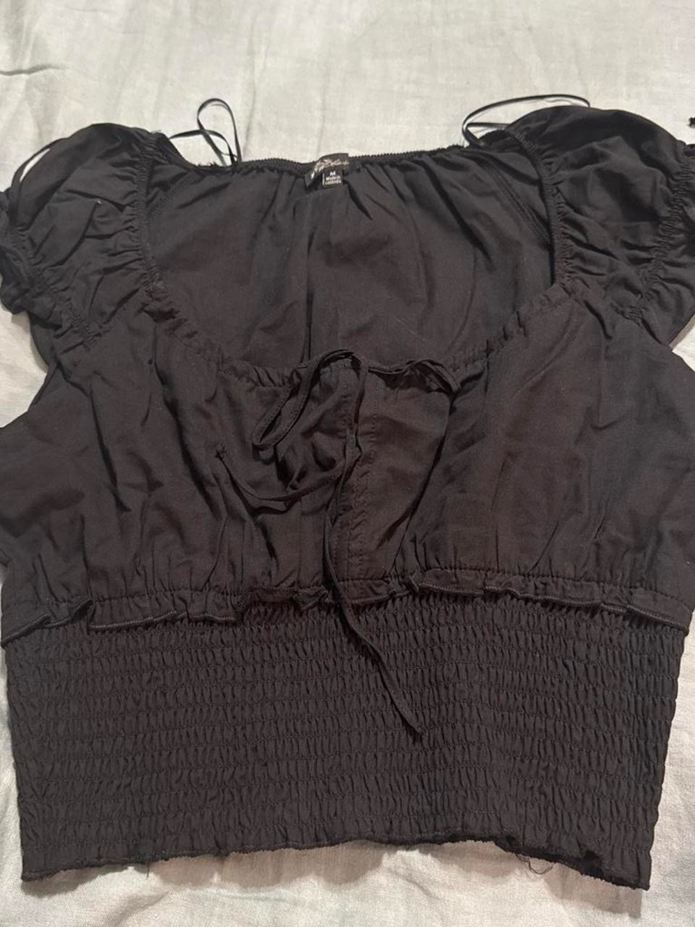 Xhilaration Black Smocked Crop Top with Puff Sleeves